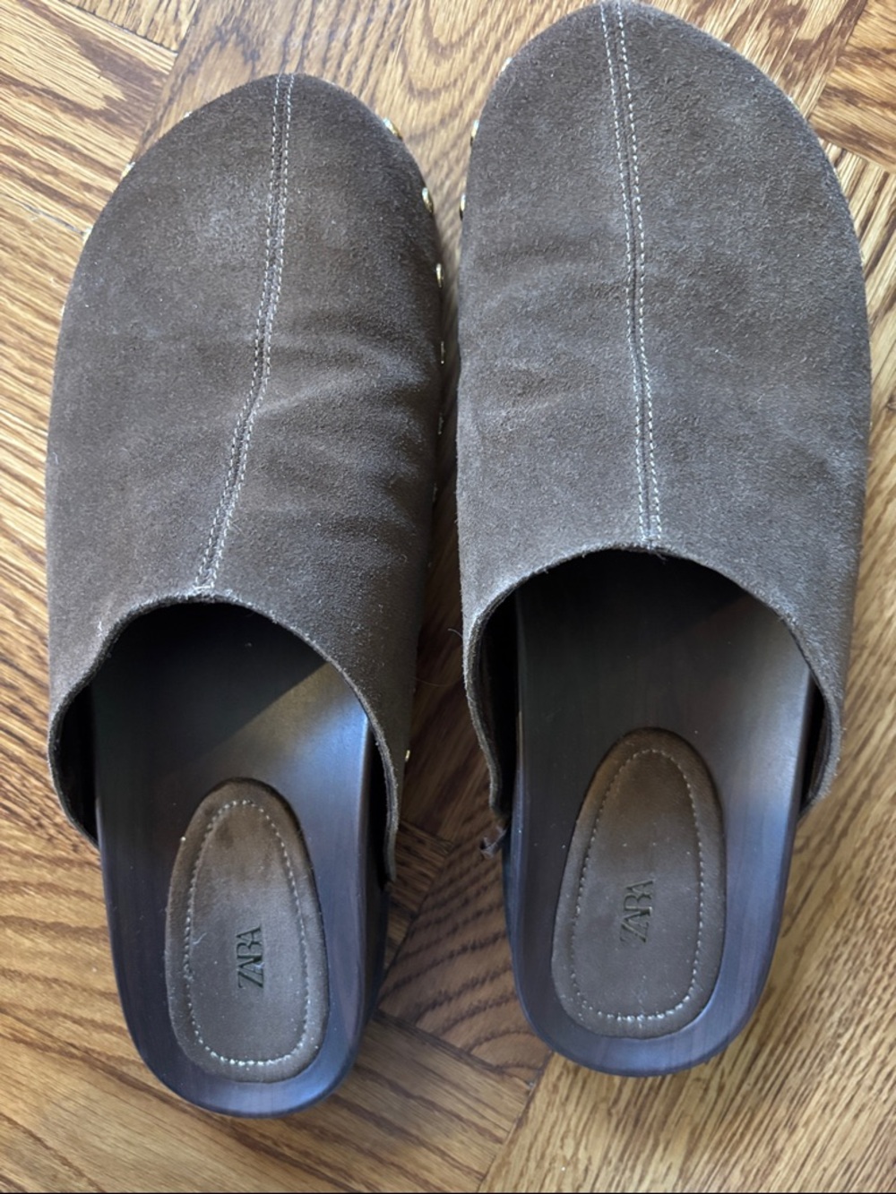 Zara Brown Suede Clogs with Stud Trim - Picture 4 of 4
